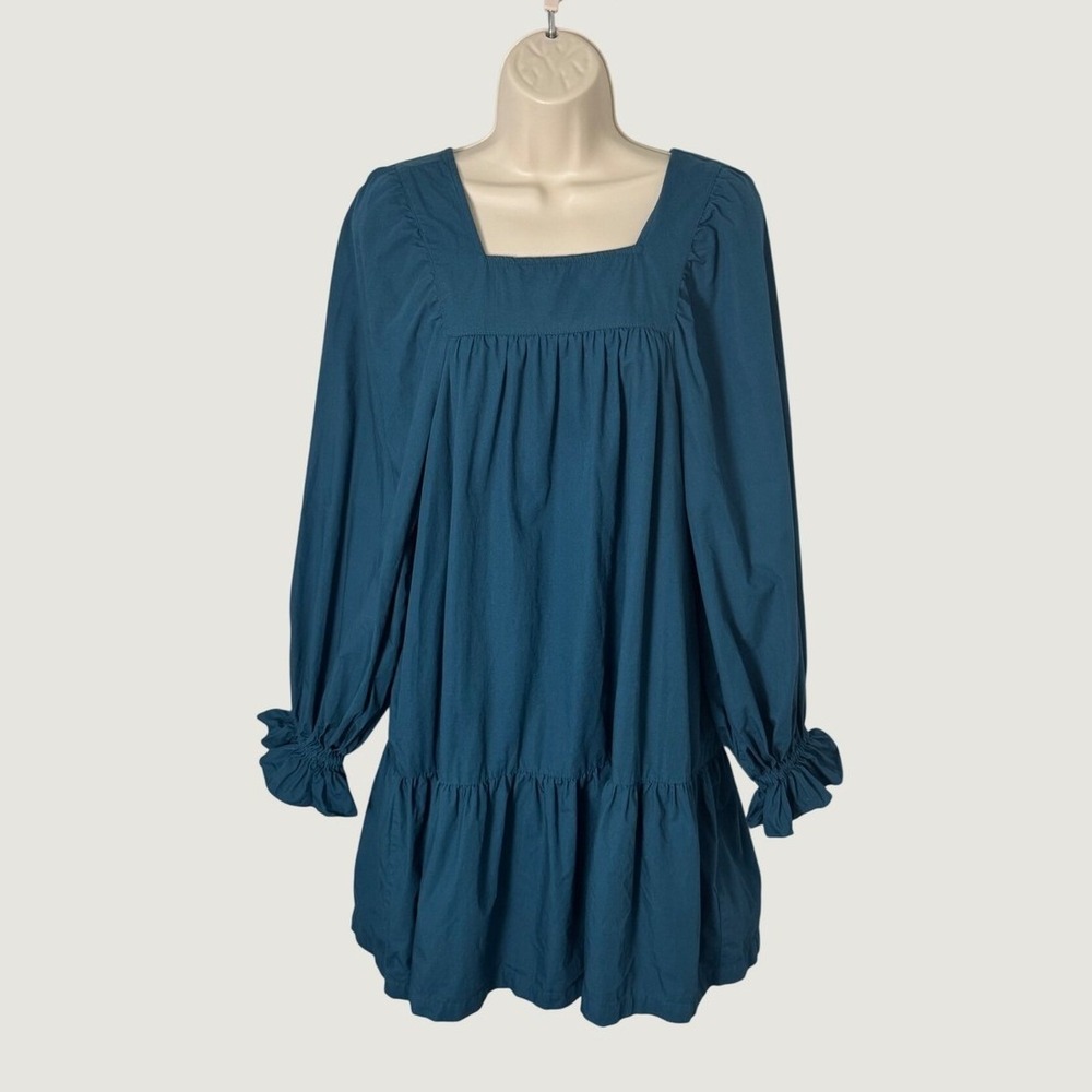 Happy X Nature Tiered Cotton Babydoll Mini Dress Puff Sleeve Square Neck Teal M